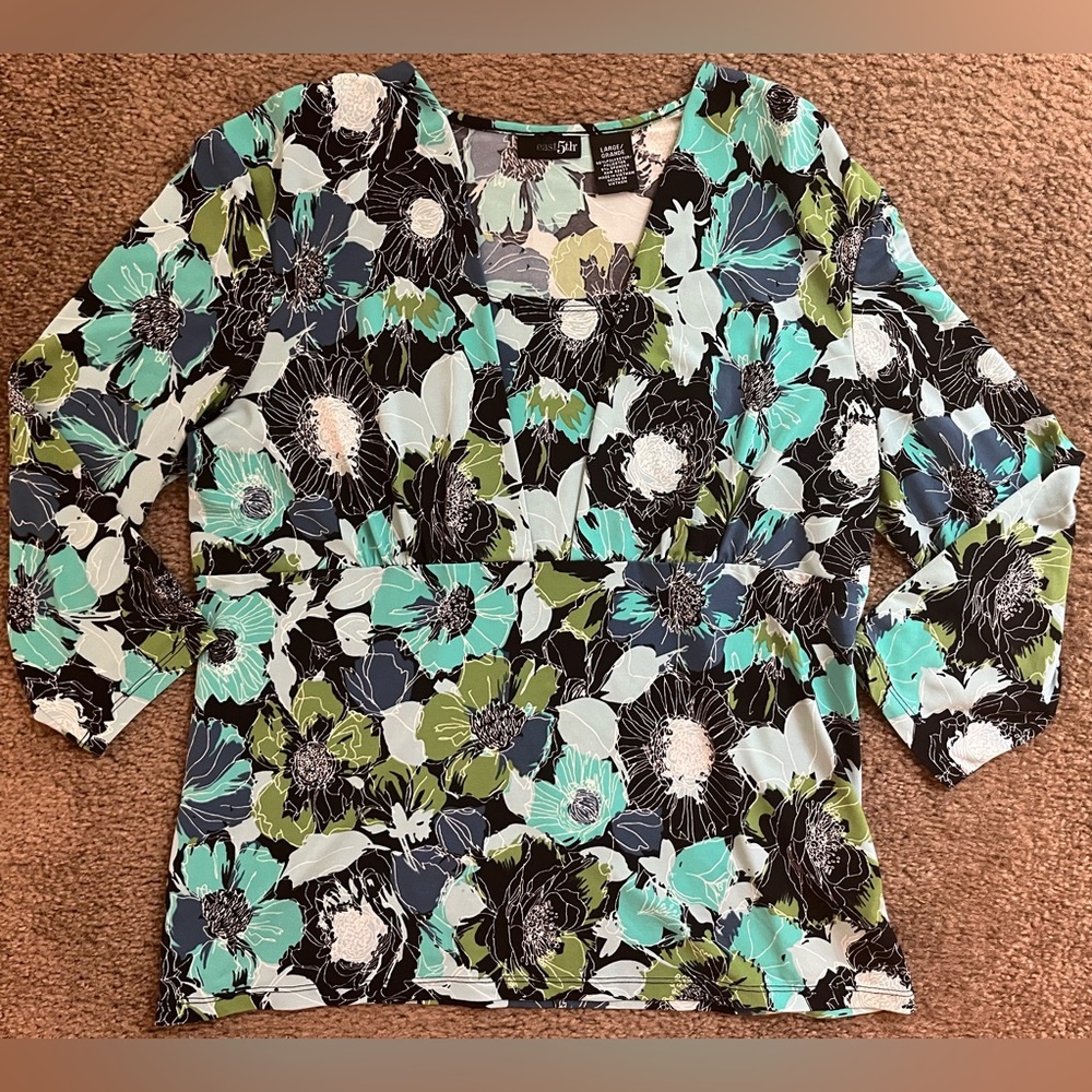 East 5th Floral V-Neck Blouse in Black, Green, and Blue